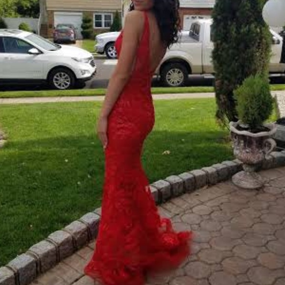Red Jovani Lace Long Prom Dress - Picture 3 of 8